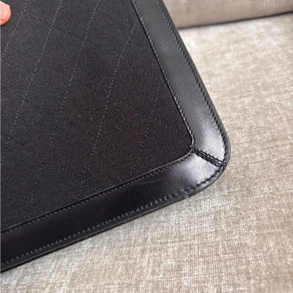 Authentic CHANEL coco mark cotton jersey push lock black leather vintage clutch - Picture 3 of 12